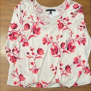 NWT White House Black Market Cream & Pink Floral Vneck Shirred Raglan Blouse Lg
